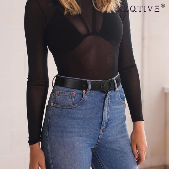 Women Leather Belt with Circle Black Buckle Fashion Ladies Waist Belt Black main image 4